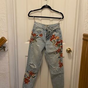 Topshop Light Blue Jeans with Red Floral Embroidery